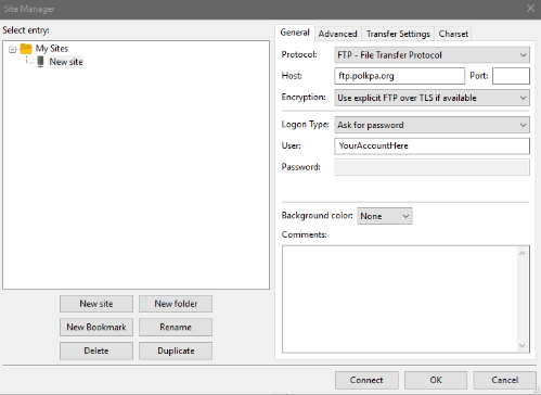 Example of File Zilla&apos;s Site Manager window