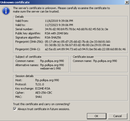 Unknown Certificate window